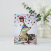 Crocodile Wearing a Rainbow Birthday Party Hat Postkarte (Stehend Vorderseite)