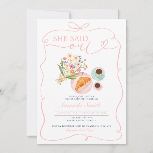Croissant She sagte Oui Bridal Brunch Cafe Einladung (Vorderseite)