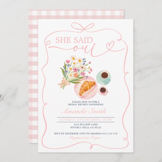 Croissant She sagte Oui Bridal Brunch Cafe Einladung (Vorne/Hinten)