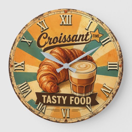 Croissant Time Vintage Kitchen Große Wanduhr (Vorderseite)