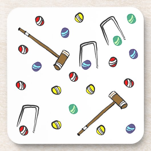 Croquet Mallets Wickets HandIllustriertes Lawn Gam Getränkeuntersetzer (Vorderseite)