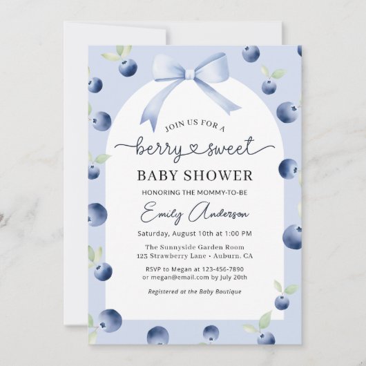 Croquette Bow Blueberry Berry Sweet Baby Dusche Einladung (Vorderseite)
