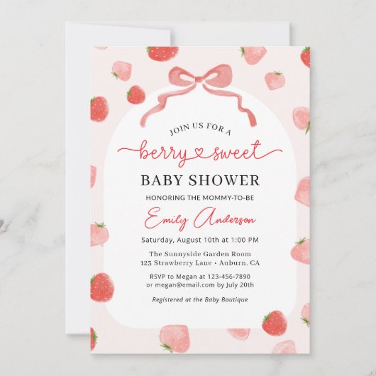 Croquette Bow Strawberry Berry Sweet Baby Dusche Einladung (Vorderseite)