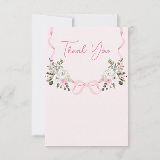 Croquette Pink Bow Arch Winter Floral Baby Dusche Dankeskarte (Rückseite)