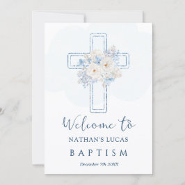Cross Blue Floral Welcome to Baptism Announcement