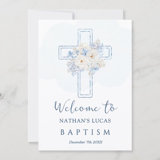 Cross Blue Floral Welcome to Baptism Announcement (Vorderseite)