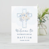 Cross Blue Floral Welcome to Baptism Announcement (Stehend Vorderseite)