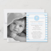 Cross Blue Stripes Boy Foto Taufe Einladung (Vorderseite)