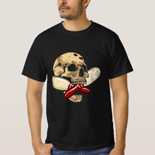 Cross Buttone Bowling Retro Skeleton Kopf Hallo T-Shirt (Vorderseite)
