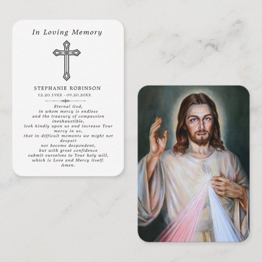 Cross Divine Mercy Jesus Funeral Prayer Card Visitenkarte (Vorne/Hinten)