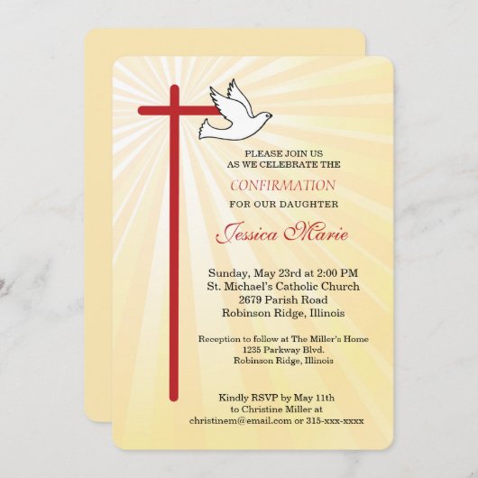 Cross Dove gerundete Gold Rays Tochter Bestätigung Einladung (Vorne/Hinten)