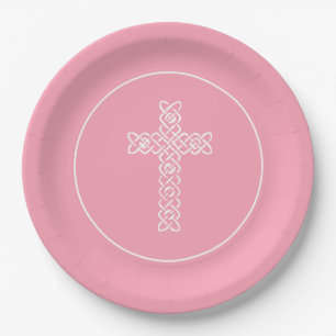 Cross Flamingo Pink Kommunion Taufe Christening Pappteller
