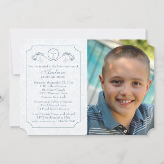 Cross Focus Blue Foto Religiöse Einladung (Vorderseite)