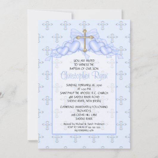 Cross & Hearts Baby Boy Baptism Inviation Einladung (Vorderseite)