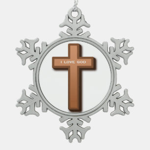 CROSS "I LIEBE GOD" SCHNEEFLOCKEN Zinn-Ornament
