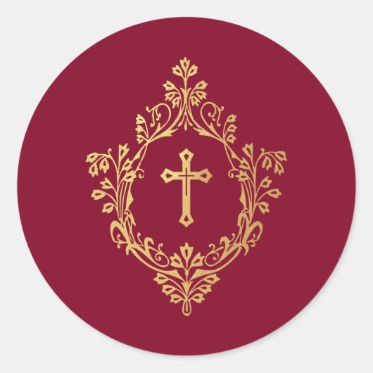 Cross in Crest Red Faux Gold Foil Vintage Burgundy Runder Aufkleber (Vorderseite)