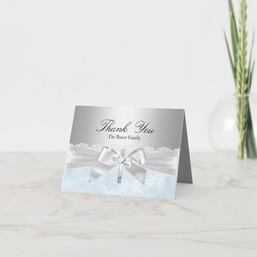 Cross & Lace Bow Blue Baptism Thank You Card Dankeskarte (Vorderseite)