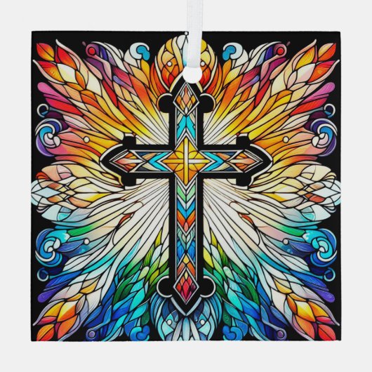 Cross on Fiery Stached Glass Design Suncatcher Ornament Aus Glas (Rückseite)