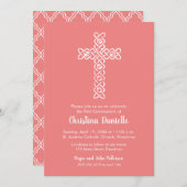 Cross on Light Coral First Communites Einladungen (Vorne/Hinten)