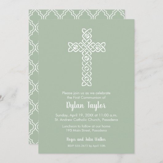 Cross on Sage Green Baptisse, Christening Invites (Vorne/Hinten)