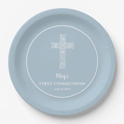 Cross on Steel Blue Communion Taufe Christening Pappteller (Vorderseite)