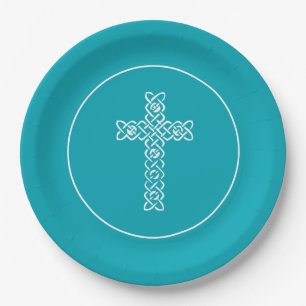 Cross Peacock Blue Communion Taufe Christen Pappteller