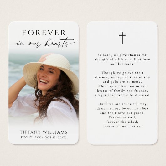 Cross Photo Forever Hearts Sympathy Prayer Card (Vorne & Hinten)