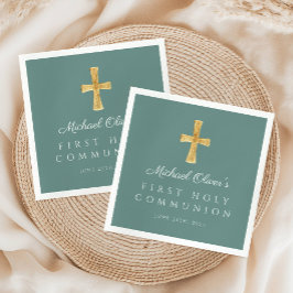 Cross Religious Boy Green First Heilige Kommunion Serviette