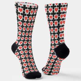 Cross Shaped Checkered Pattern with Red Hearts Socken