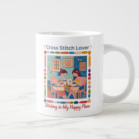 Cross Stitch Lover-Stitching in My Happy Place Jumbo-Tasse (Rechts)