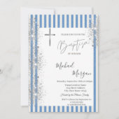 Cross-Taufe Silver Glitzer Confetti Blau Streifen Einladung (Vorderseite)