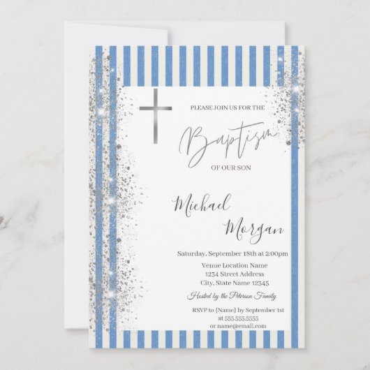 Cross-Taufe Silver Glitzer Confetti Blau Streifen Einladung (Vorderseite)