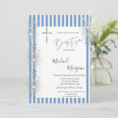 Cross-Taufe Silver Glitzer Confetti Blau Streifen Einladung (Stehend Vorderseite)