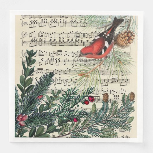 Crossbill mit Partitur und Kiefernspalten Serviette (Vorderseite)