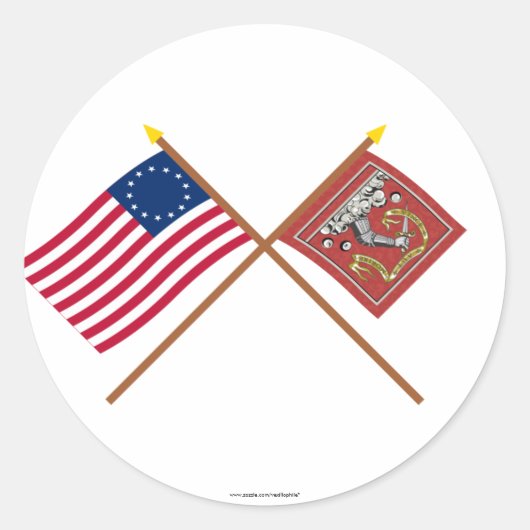 Crossed Betsy Ross und Bedford Flags Runder Aufkleber (Vorderseite)
