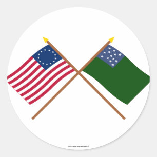 Crossed Betsy Ross und Green Mountain Boys Flags Runder Aufkleber
