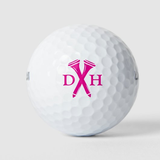 Crossed Golf Tees Personalized Initials Hot Pink Golfball (Vorderseite)