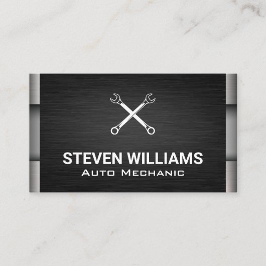 Crossed Wrenches | Metallisches Schwarzes Silber Visitenkarte (Vorderseite)