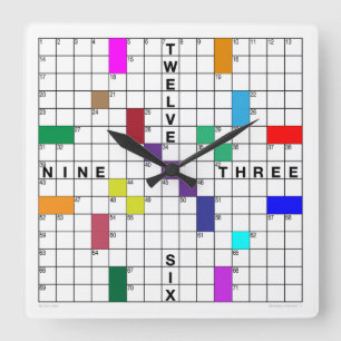 Crossword Clock with downloadable puzzle (color) Quadratische Wanduhr