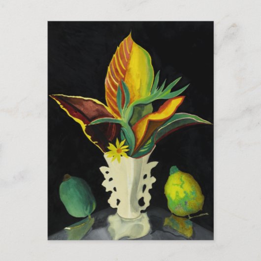 Croton Blätter in einer Vase, Kunstmalerei Postkarte (Vorderseite)