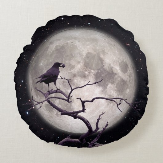 Crow and Moon, Crow Art, Raven, Gothic, Night Rundes Kissen (Vorderseite)