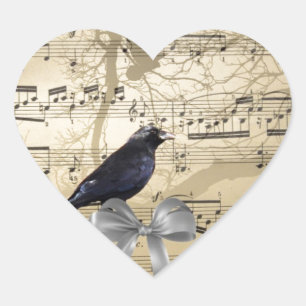 Crow auf einem Musikblatt Herz-Aufkleber
