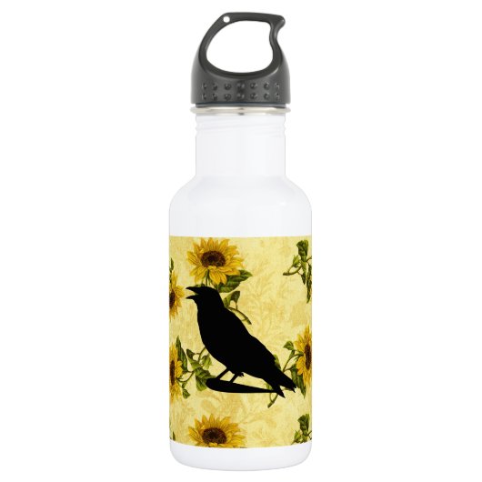 Crow auf Sonnenblumen Edelstahlflasche (Vorderseite)