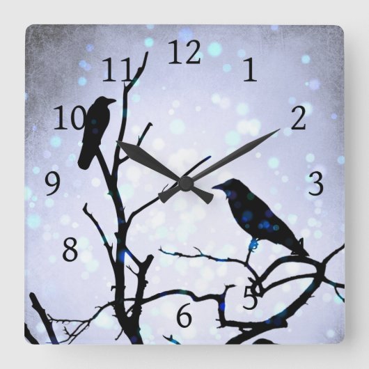 Crow Bird auf Tree Bird 94 lila Quadratische Wanduhr (Vorderseite)