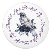 Crow Bird Black Roses Script Nature Keramikknauf (Vorderseite)