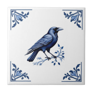 Crow Bird Delft Blue und White Floral Corners Fliese