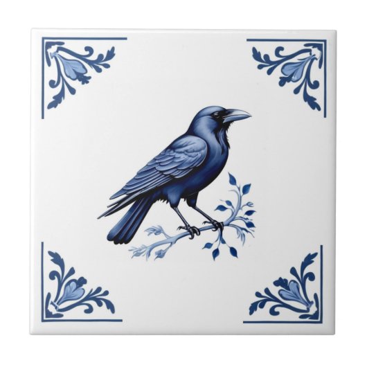 Crow Bird Delft Blue und White Floral Corners Fliese (Vorderseite)