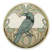 Crow Bird Sage Green & Gold Art Deco Nouveau Keramikknauf (Vorderseite)