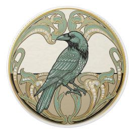 Crow Bird Sage Green & Gold Art Deco Nouveau Keramikknauf