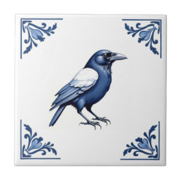 Crow Delft Blue und White Floral Corners Bird Fliese